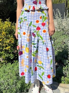 Lisa Says Gah Picnic Alfresco Basket Checker Fruit Midi Skirt